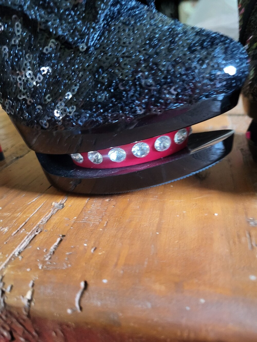 Pleaser Black Sequin Lace-Up Platform Booties with Red Heel - Picture 6 of 11